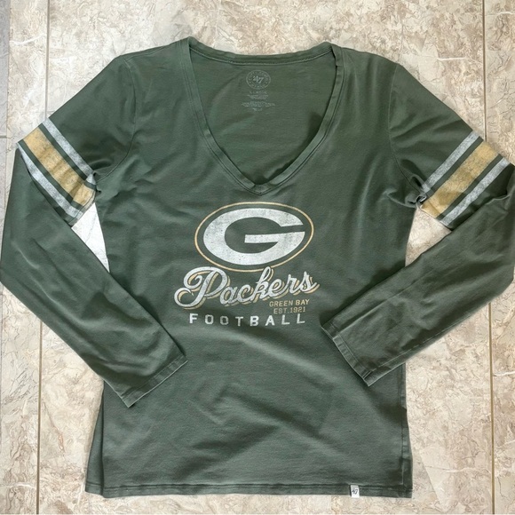 ‘47 Brand Green Bay Packers Long Sleeve Tee Women’s XL – V-Neck Football Top - Picture 5 of 7